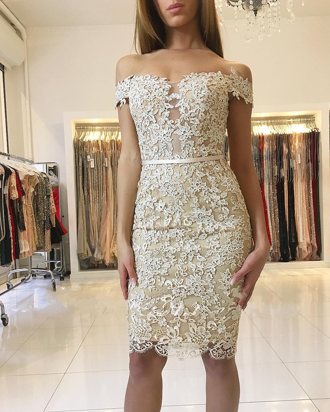 Off-the-Shoulder Sheath Prom Dress Knee-Length With Appliques - Fashionpara