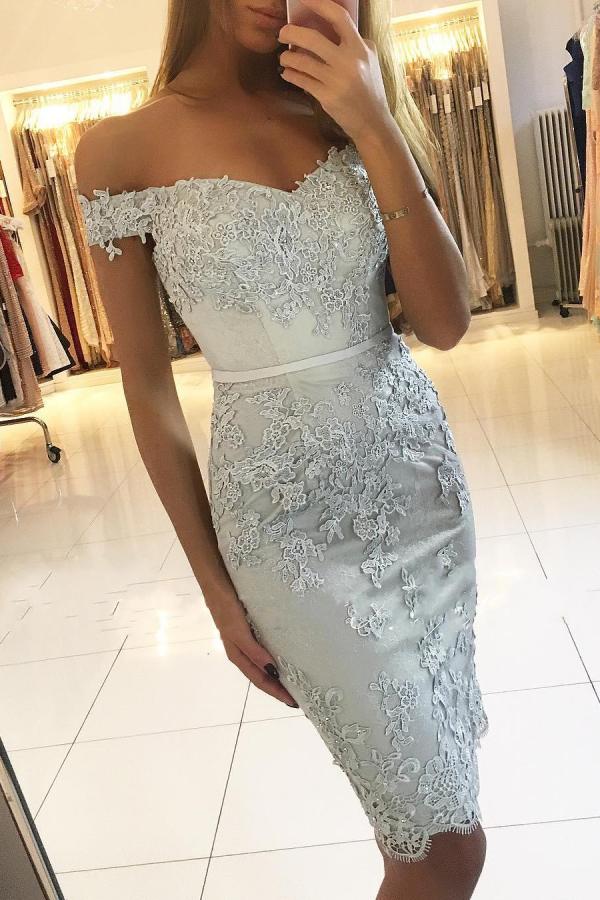 Off-the-Shoulder Sheath Prom Dress Knee-Length With Appliques - Fashionpara