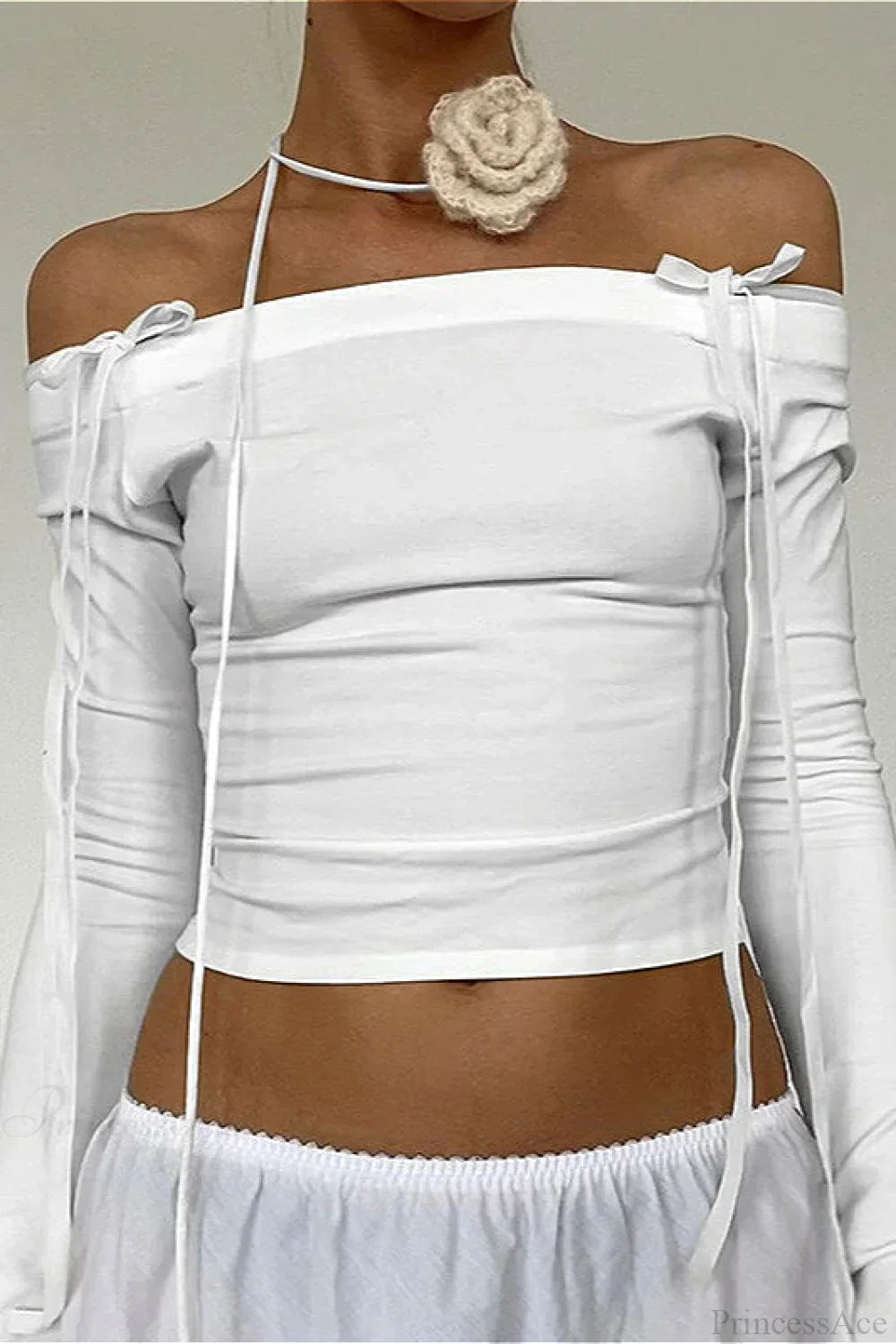 Off-the-Shoulder Tie Detail Fitted Long Sleeve Tee