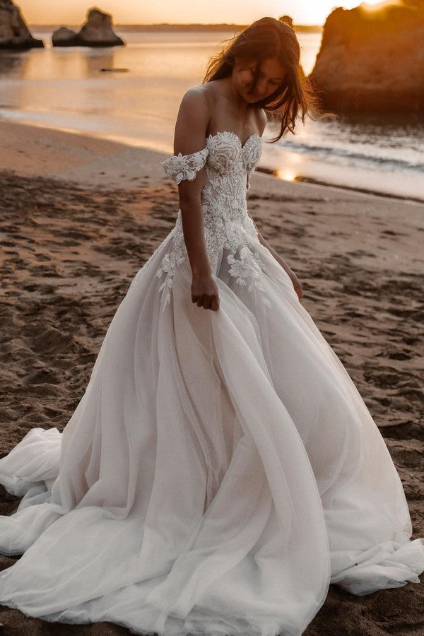 Off-the-Shoulder Tulle Wedding Dress Lace Appliques Long - Fashionpara