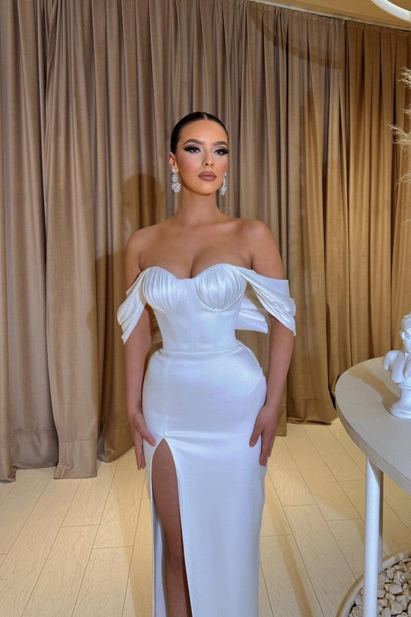 Off-the-Shoulder White Prom Dress Mermaid Slit - Fashionpara