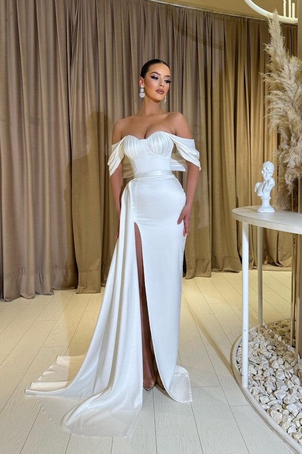 Off-the-Shoulder White Prom Dress Mermaid Slit - Fashionpara