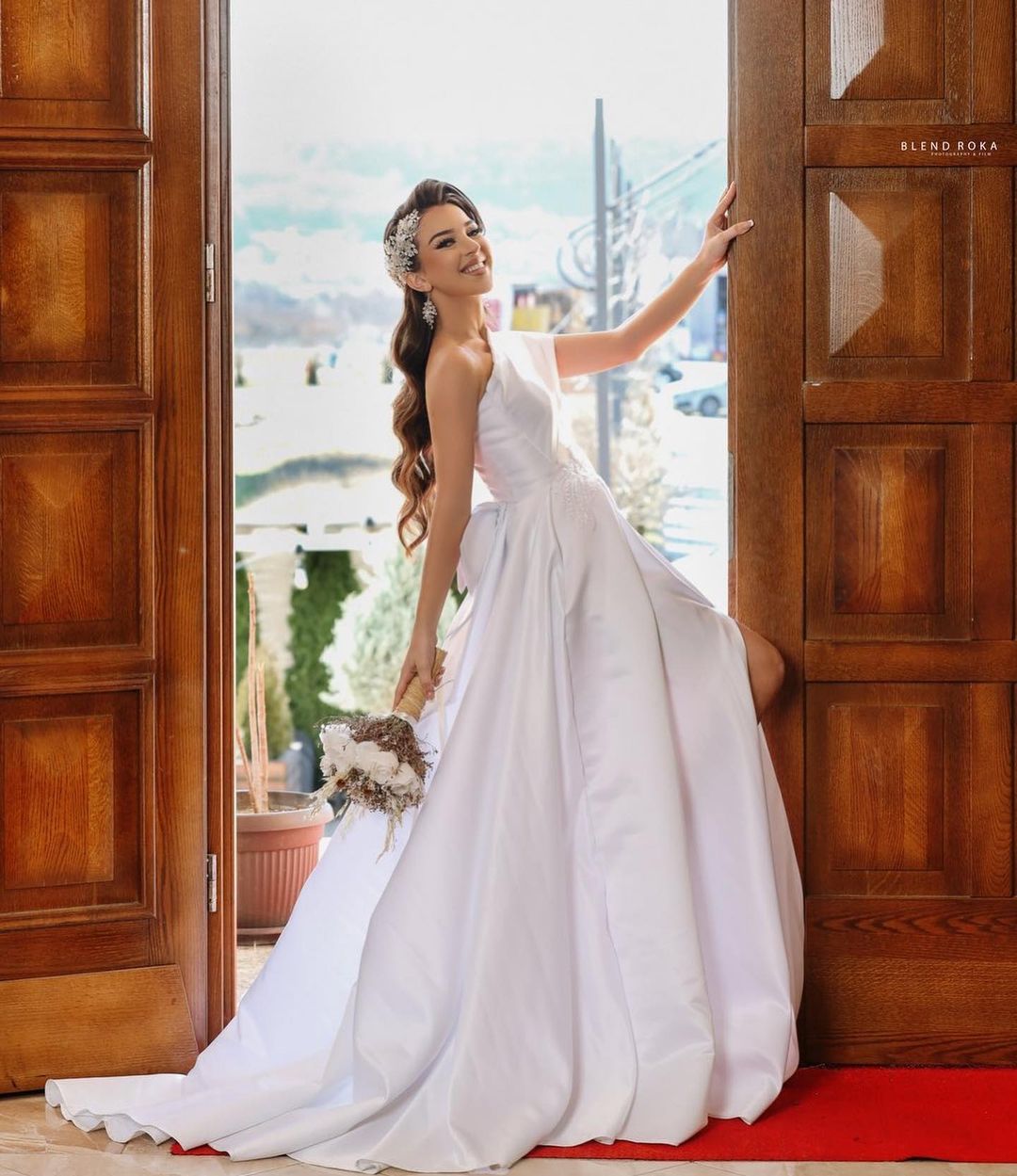 Off-the-Shoulder White Wedding Dress Satin With Slit - Fashionpara