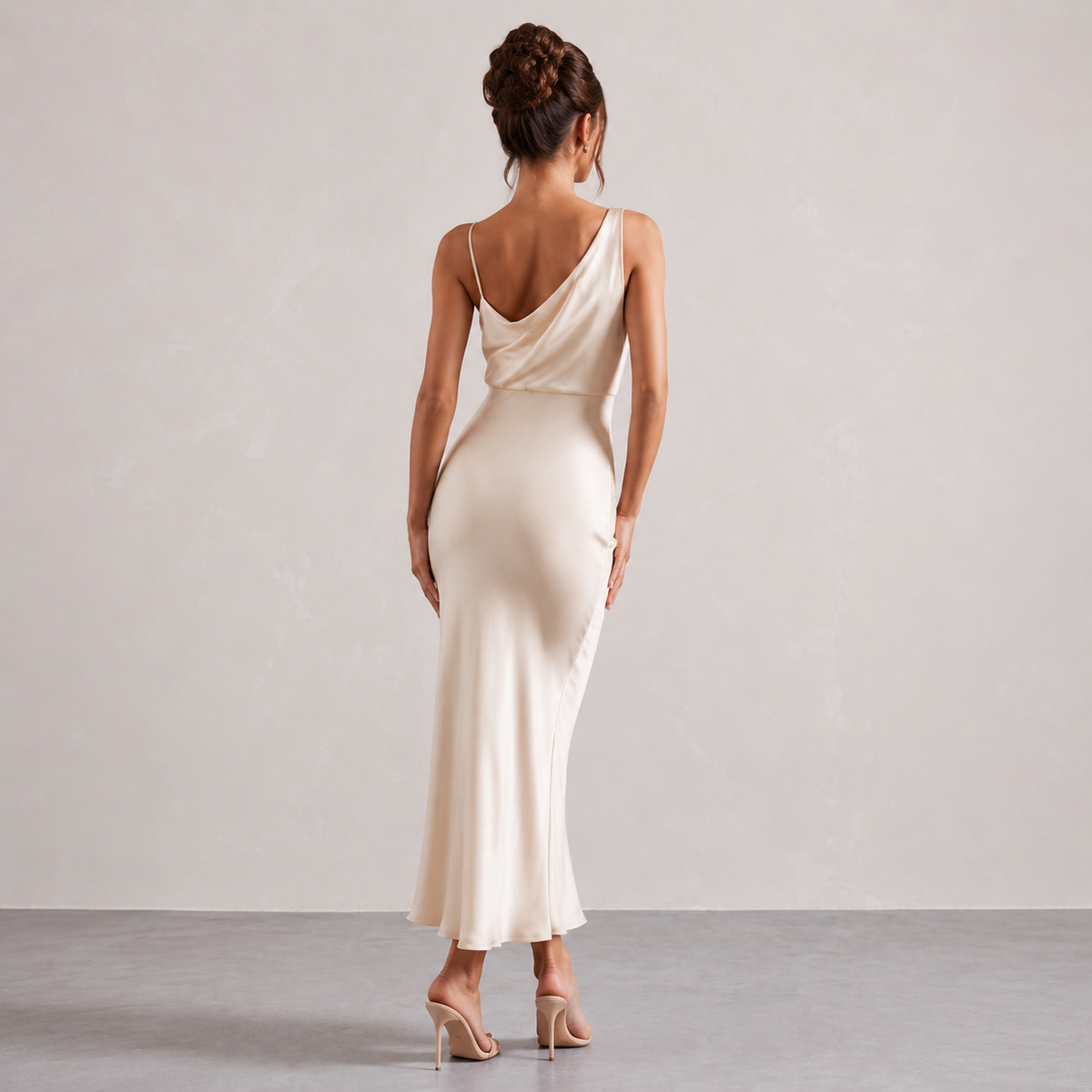 Cowl Neck Asymmetric Strap Satin Slip Maxi Dress 18