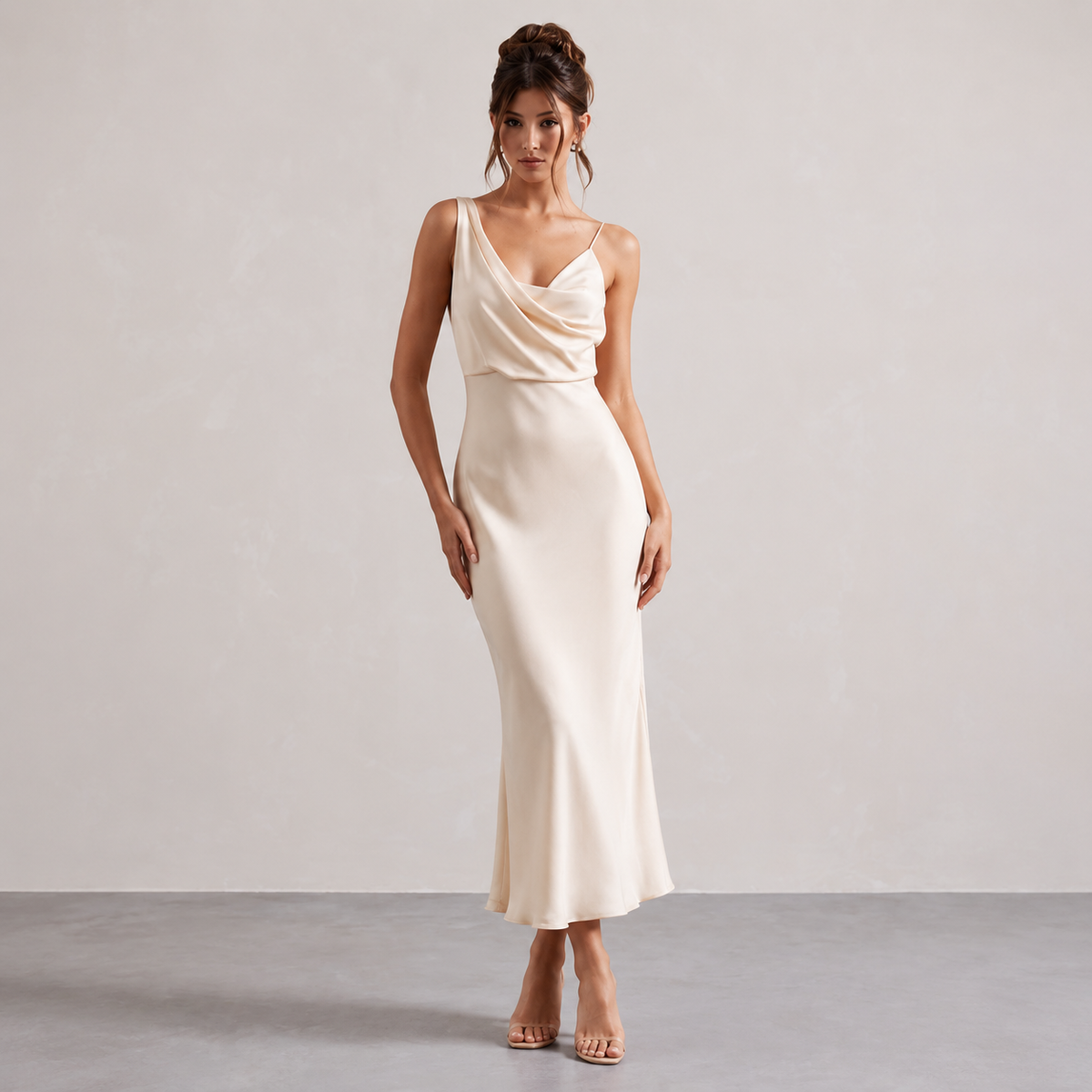 Cowl Neck Asymmetric Strap Satin Slip Maxi Dress 16