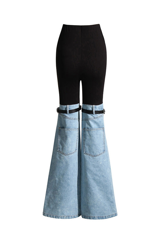 Offbeat Bicolor High Waist Belted Leg Full Length Hybrid Flare Denim Jeans - Fashionpara