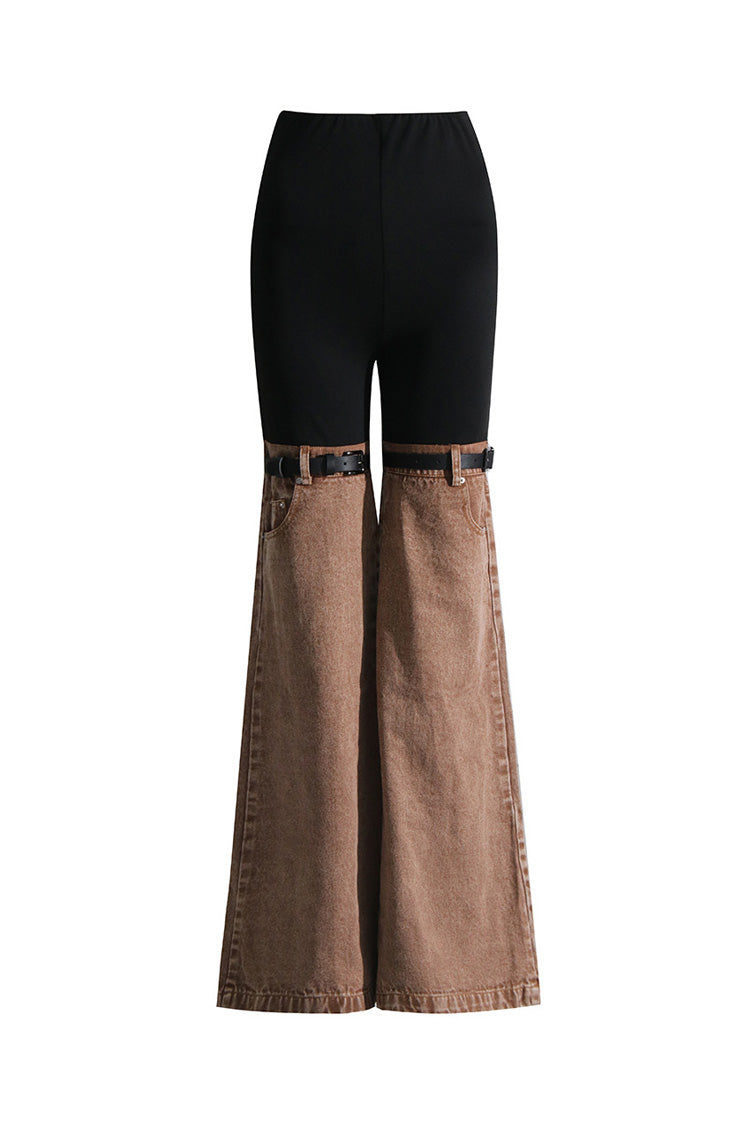 Offbeat Bicolor High Waist Belted Leg Full Length Hybrid Flare Denim Jeans - Fashionpara