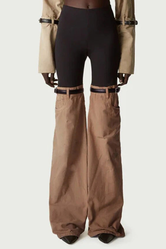 Offbeat Bicolor High Waist Belted Leg Full Length Hybrid Flare Denim Jeans - Fashionpara