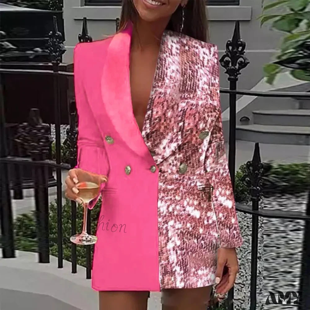 Office Colorblock Patchwork Long Sleeve Blazer Club Sequin Blazer Mini Party Club Dress 2