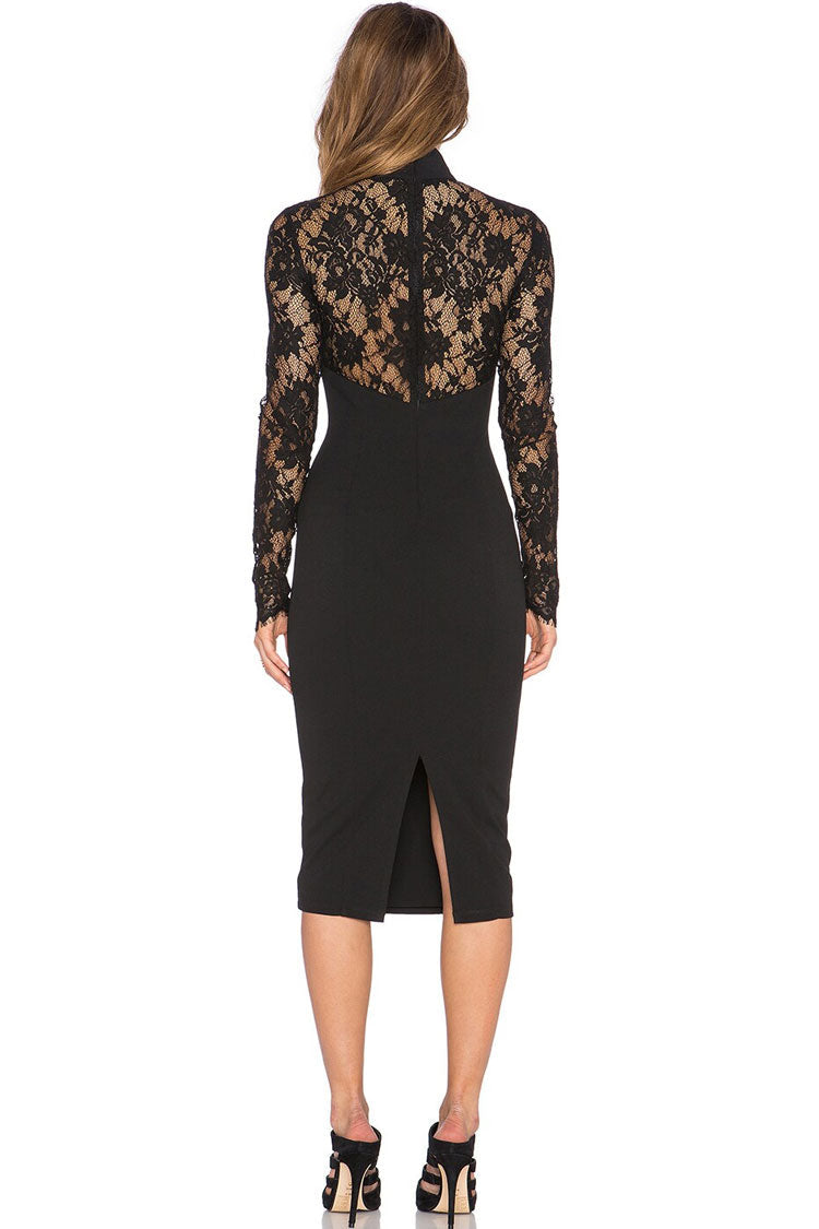 Office Lace Long Sleeve High Neck Cutout Bandage Midi Dress - Black Fashionpara