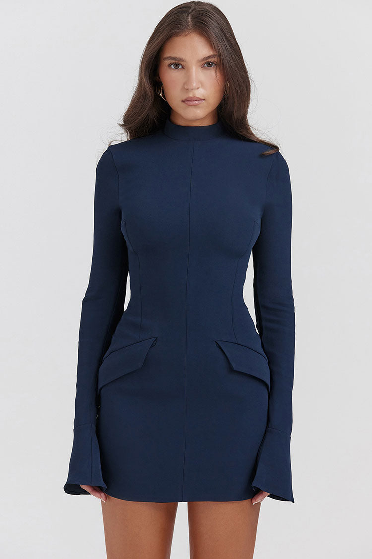 OL Mock Neck Bell Sleeve Flap Pocket Bodycon Party Mini Dress - Navy Blue  Fashionpara