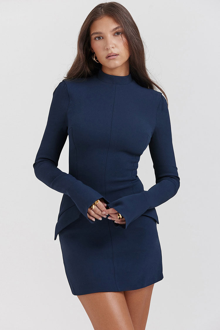 OL Mock Neck Bell Sleeve Flap Pocket Bodycon Party Mini Dress - Navy Blue  Fashionpara