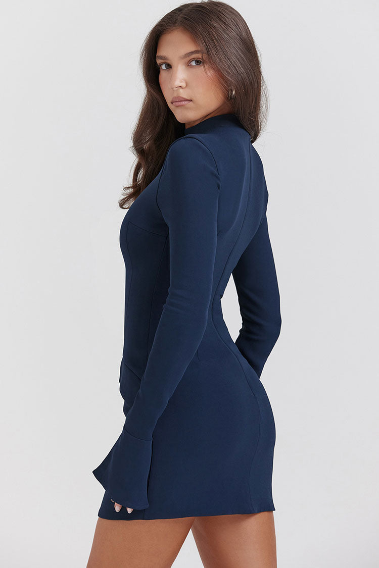 OL Mock Neck Bell Sleeve Flap Pocket Bodycon Party Mini Dress - Navy Blue  Fashionpara