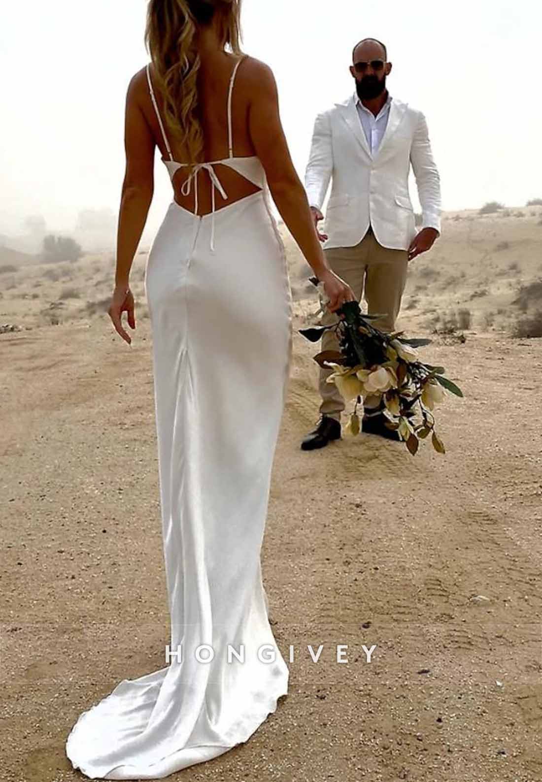 Spaghetti Straps Sheath Sweep Train Cowl Neck Pleated Beach Wedding Dresses