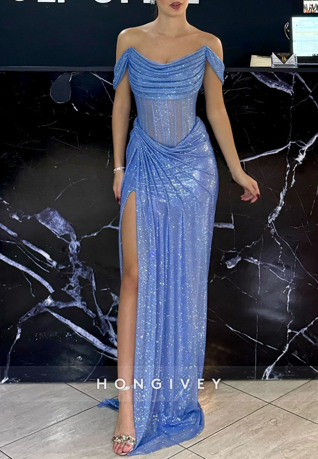 High Slit Prom Dresses Column Floor-Length Off the Shoulder Glitter Pleated Evening Gown