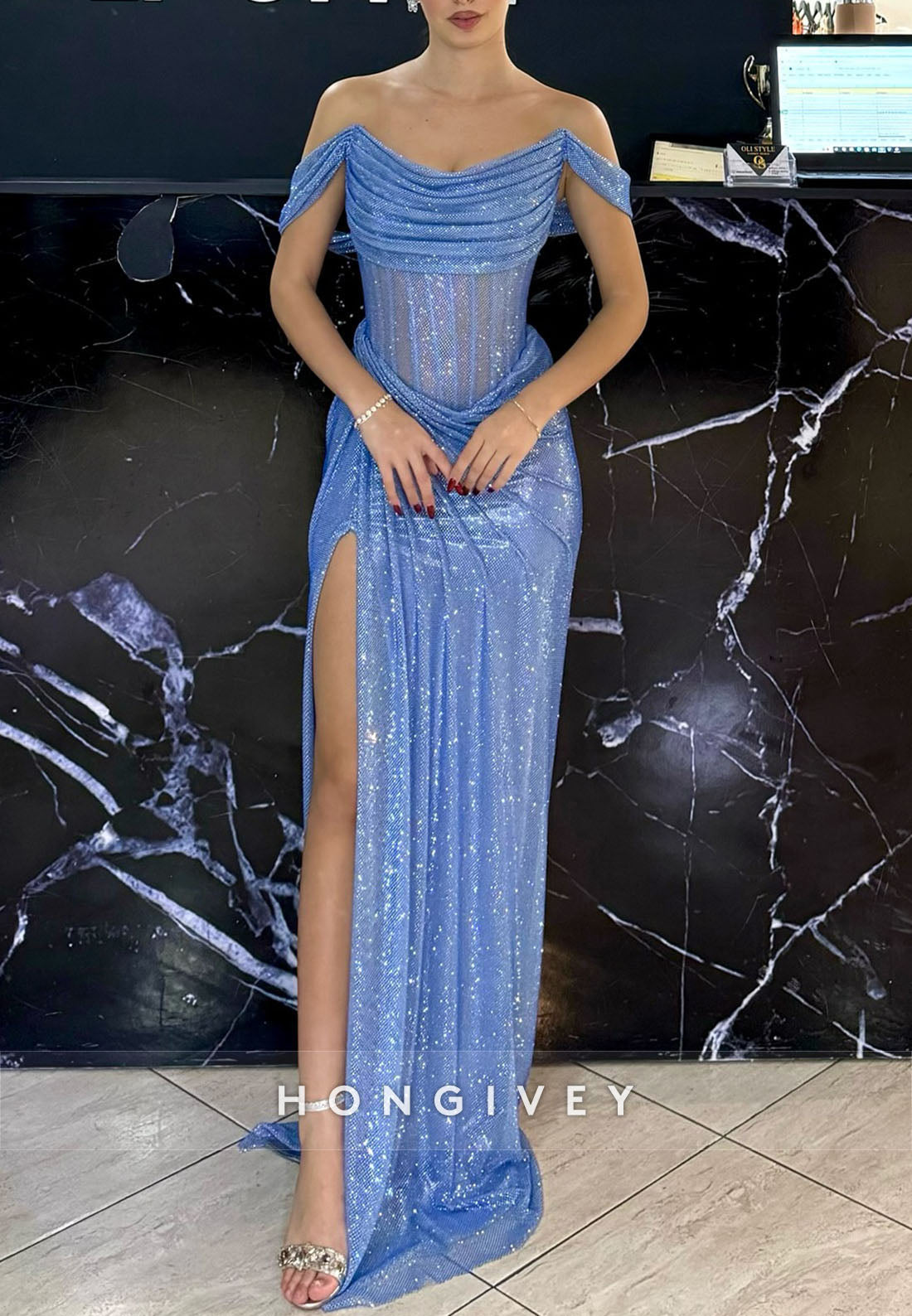 High Slit Prom Dresses Column Floor-Length Off the Shoulder Glitter Pleated Evening Gown