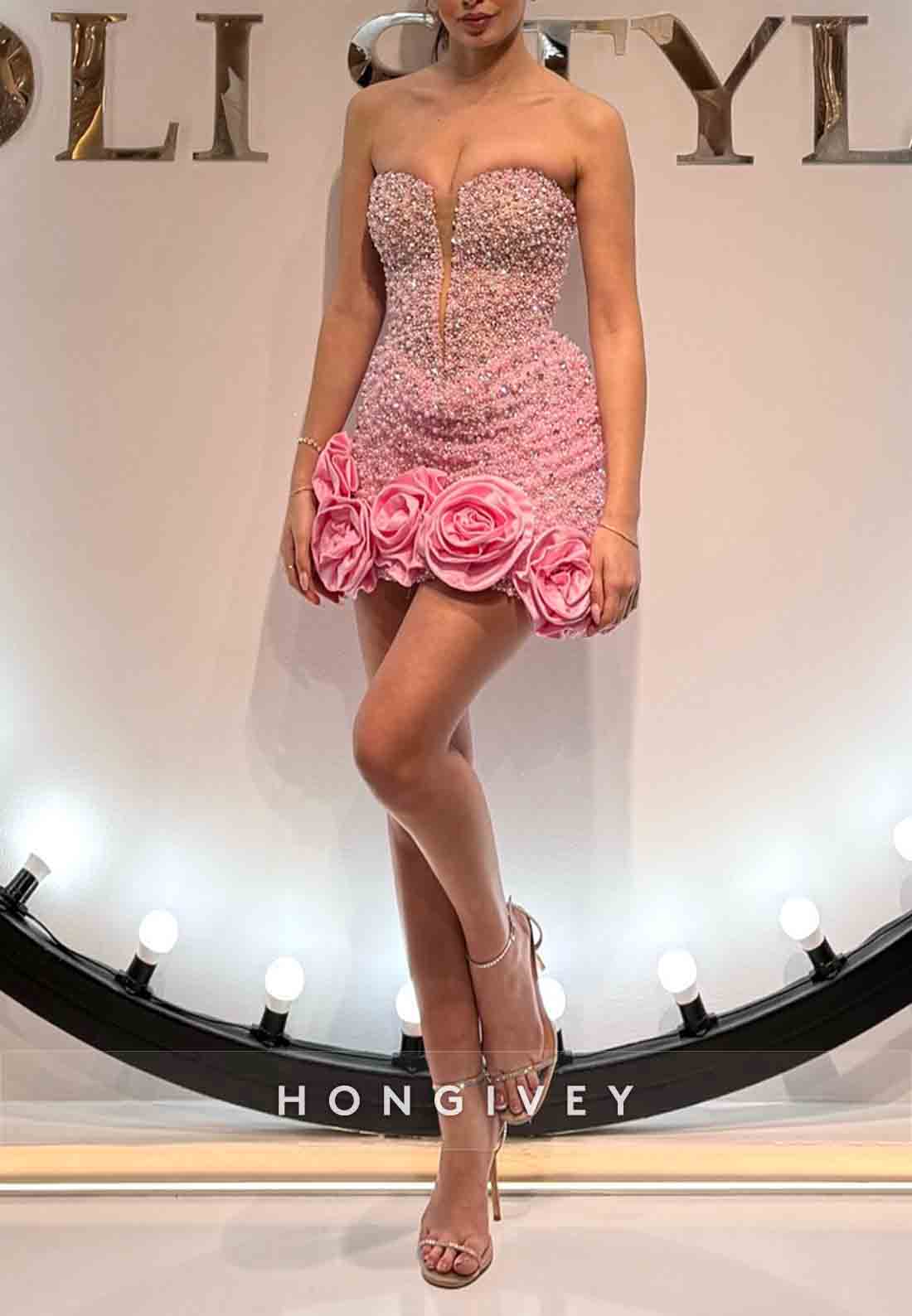 Flowers Sweetheart Strapless Sheath Beading Mini Homecoming Dresses