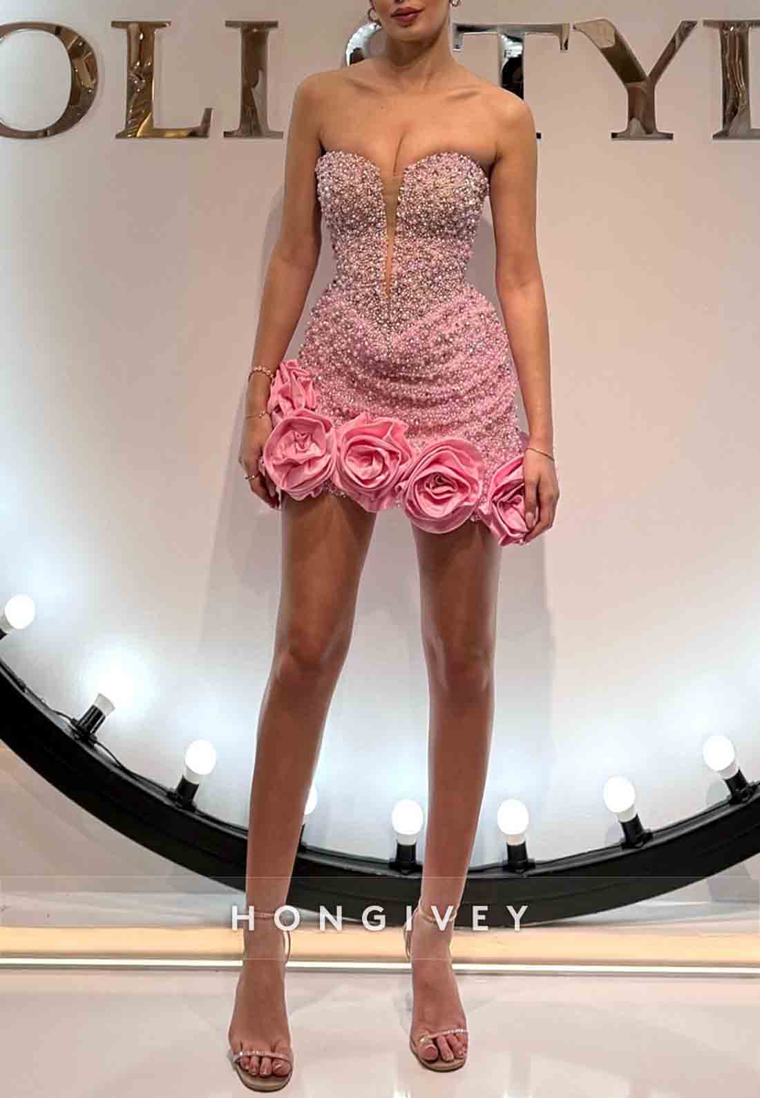 Flowers Sweetheart Strapless Sheath Beading Mini Homecoming Dresses