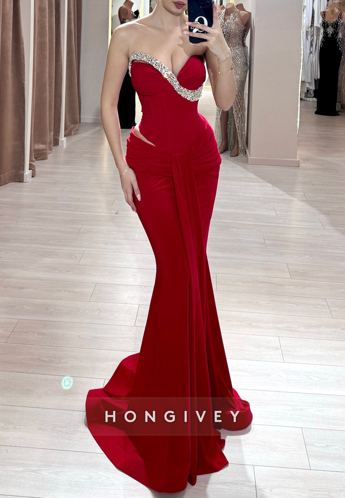 Elegant Sweep Train Strapless Pleated Sleeveless Mermaid Evening Gown