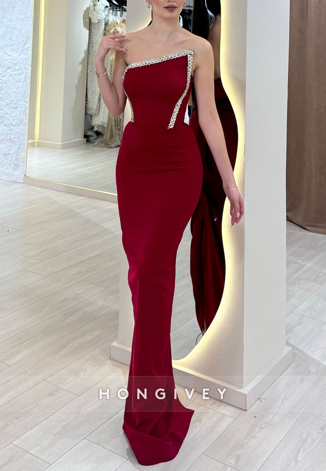 Pleated Appliqued Asymmetrical Neck Floor-Length Sheath Strapless Evening Gown