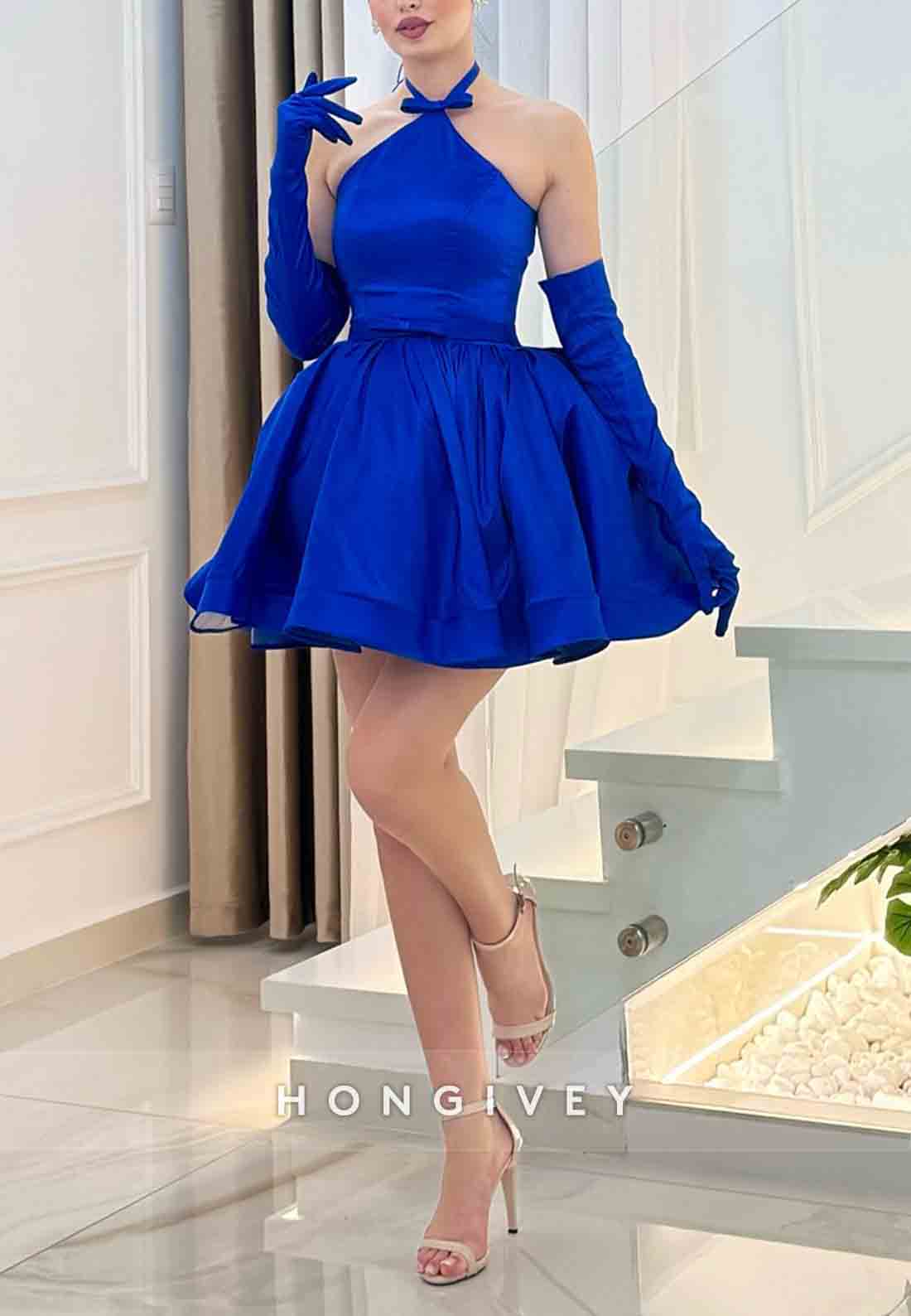 Halter Ball Gown Royal Blue Crisscross Back Short Homecoming Dresses