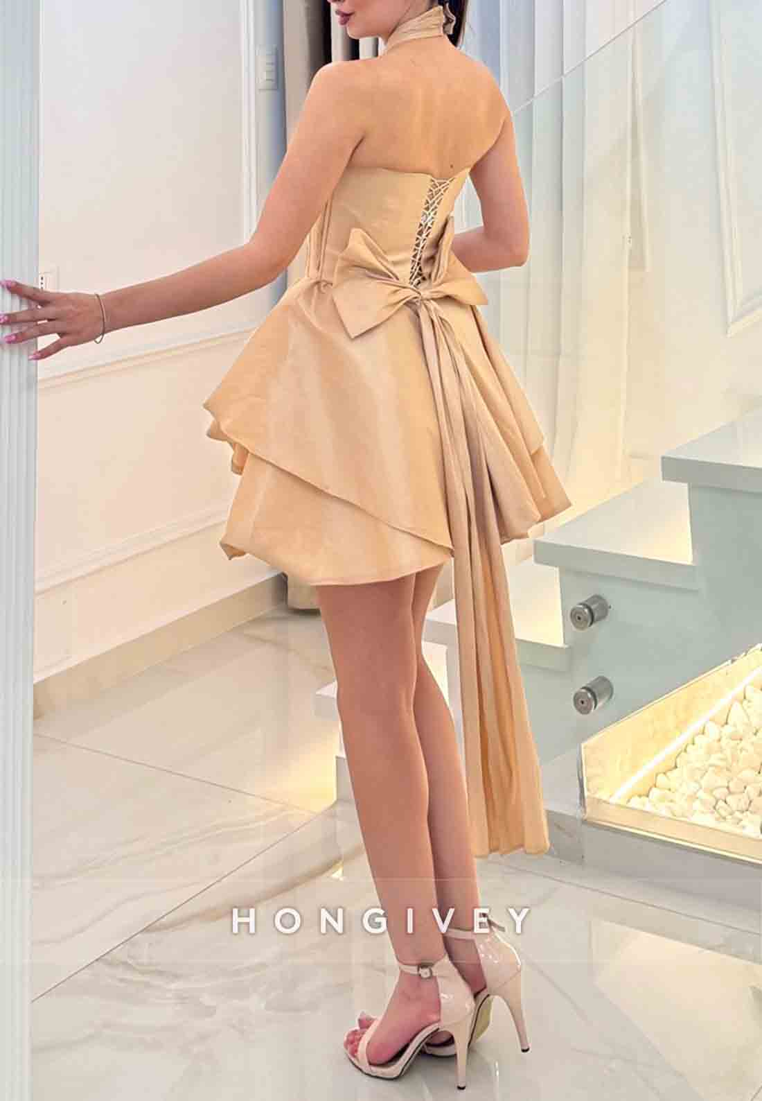 Halter Bowknot Princess Sleeveless Crisscross Back Mini Homecoming Dresses