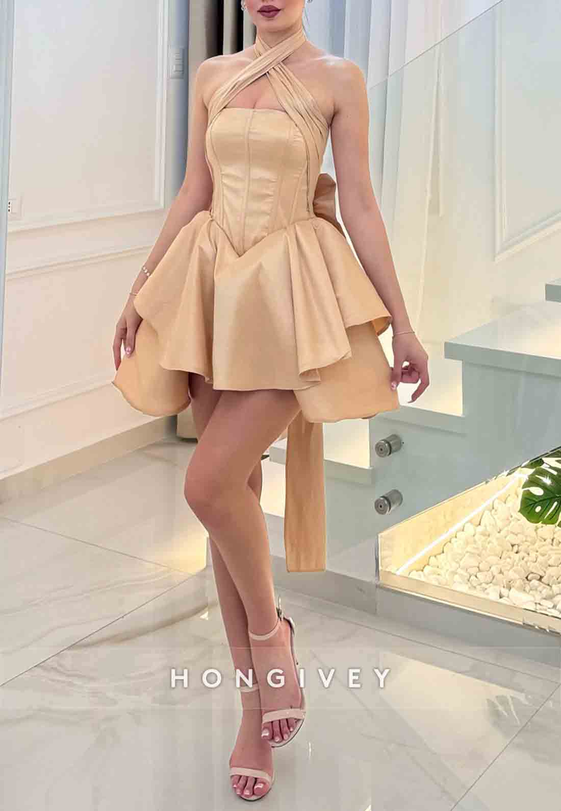Halter Bowknot Princess Sleeveless Crisscross Back Mini Homecoming Dresses