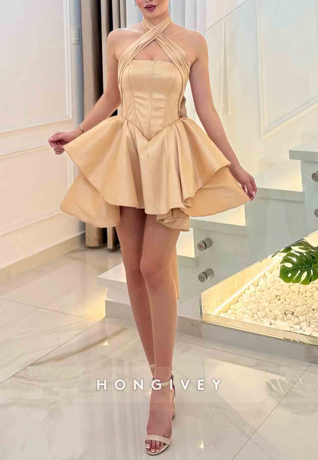 Halter Bowknot Princess Sleeveless Crisscross Back Mini Homecoming Dresses