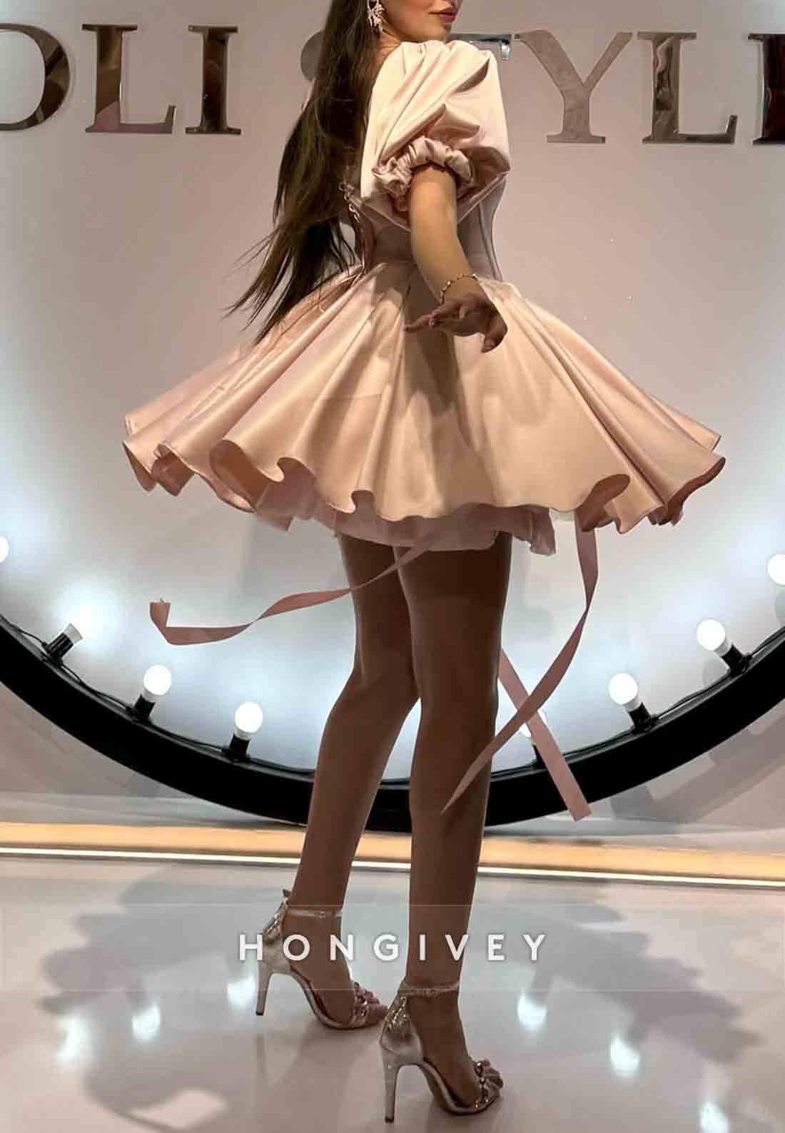 Short Sleeves Satin Pleated Square Neck Princess Short Homecoming Dresses