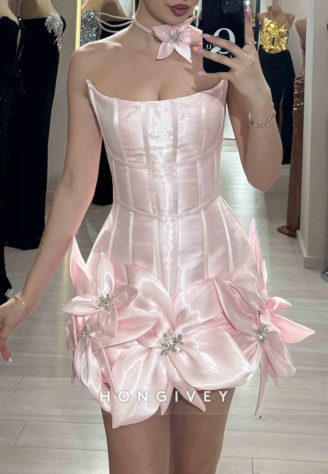 Strapless Pleated Handmade Flowers Appliqued Satin Mini Homecoming Dresses