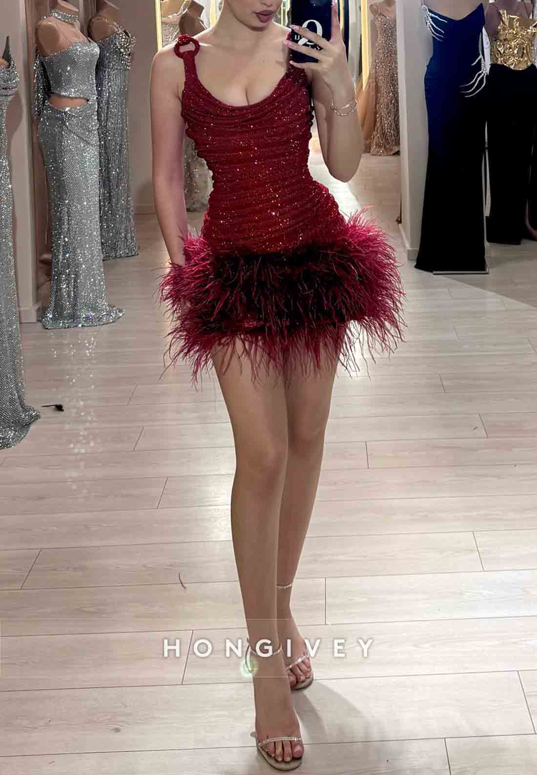 Cowl Neck Feather Sleeveless Pleated Glitter Mini Homecoming Dresses