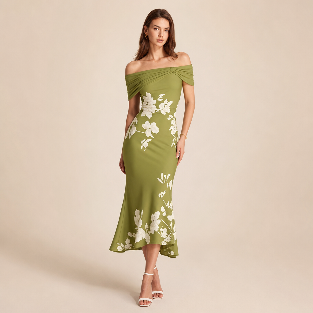 Off Shoulder Twist Front Floral High Low Fishtail Midi Dress 16