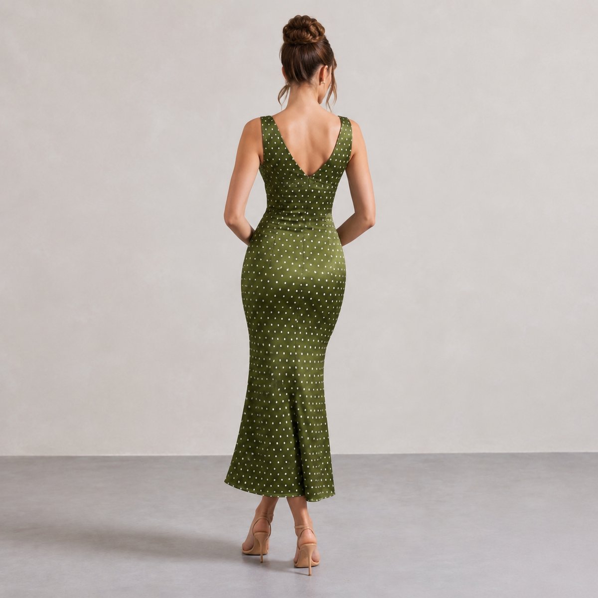 Polka Dot Satin V-Neck Fishtail Midi Dress 12