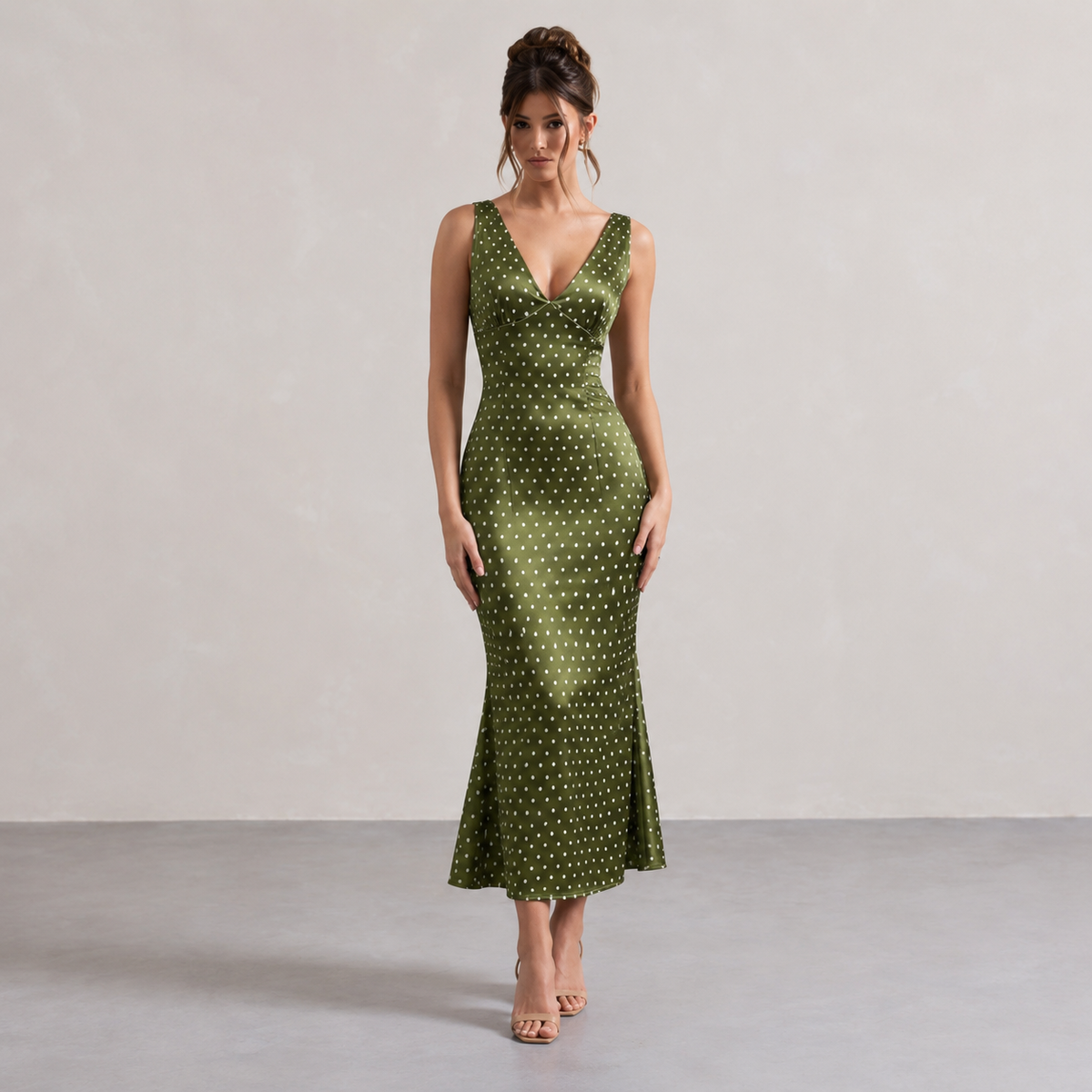Polka Dot Satin V-Neck Fishtail Midi Dress 10