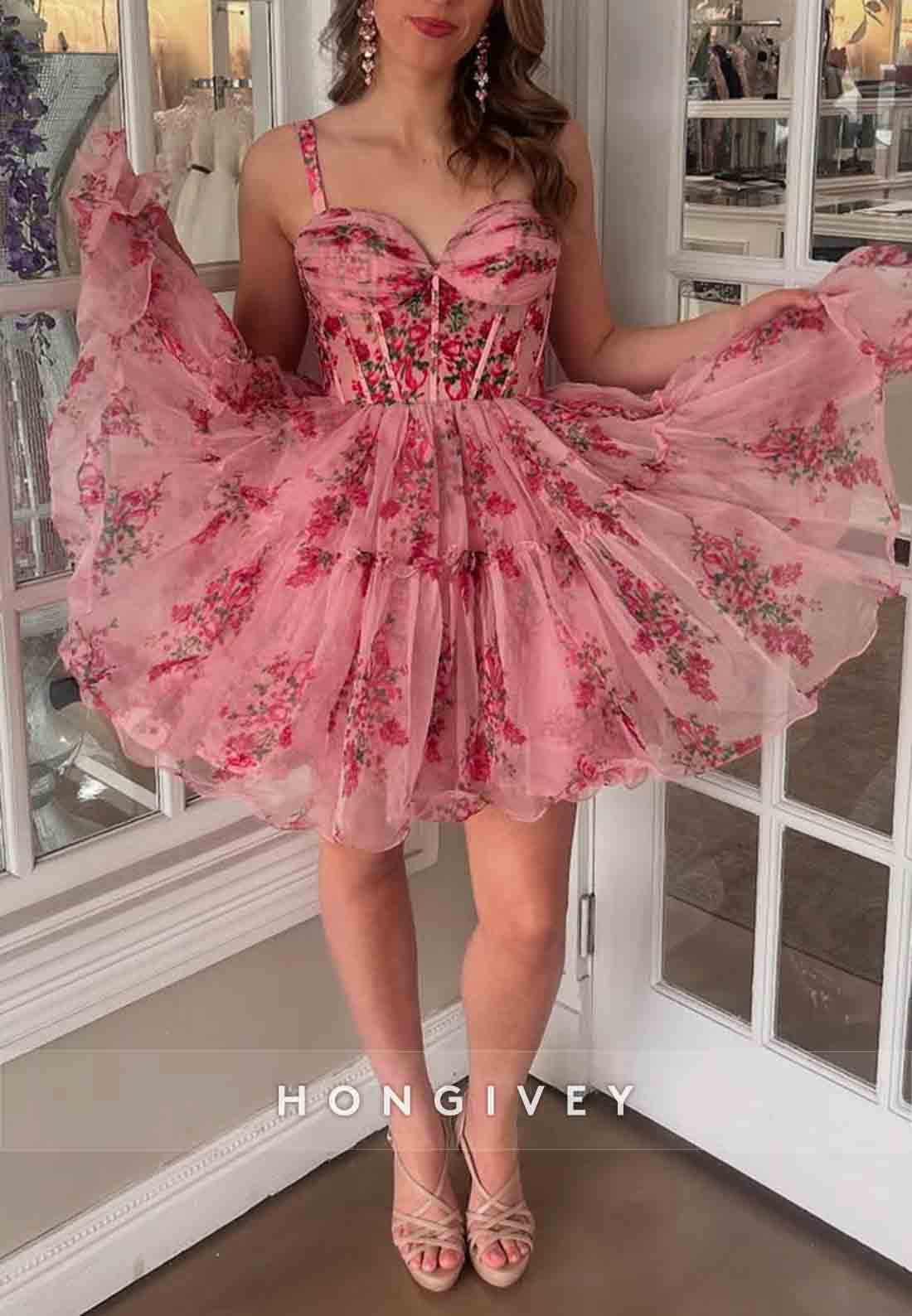 Sleeveless Sweetheart Floral Print Pleated A-Line Short Homecoming Dresses