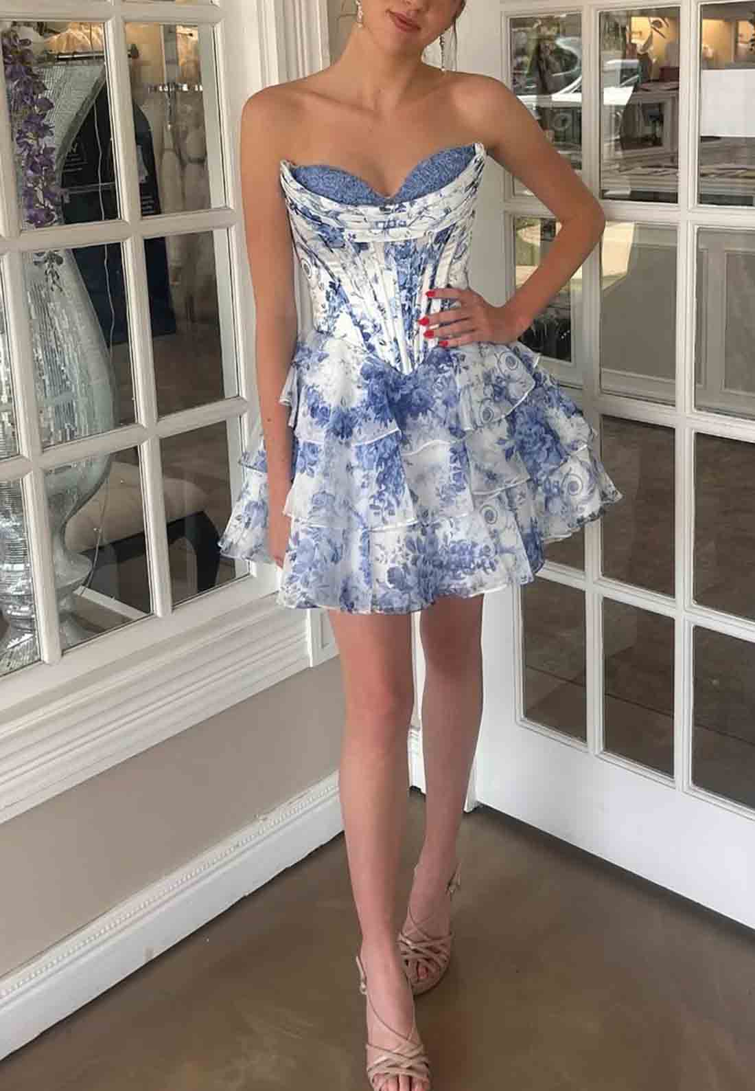 Floral Print Strapless Ruffles Sleeveless Pleated A-Line Short Homecoming dresses