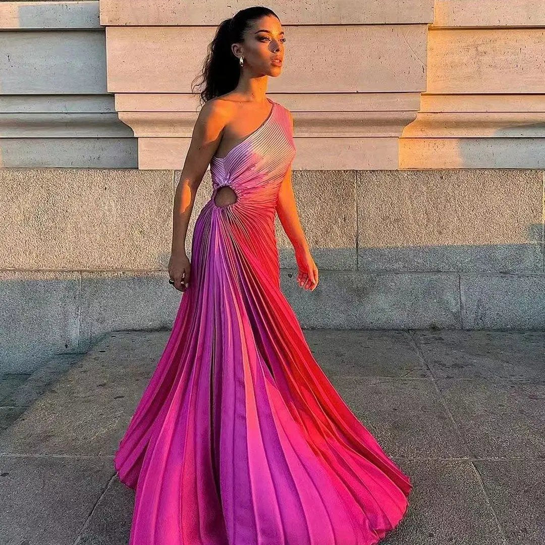 Ombre One Shoulder Drawstring Cutout Waist Asymmetrical Pleated Dress - Hot Pink Fashionpara