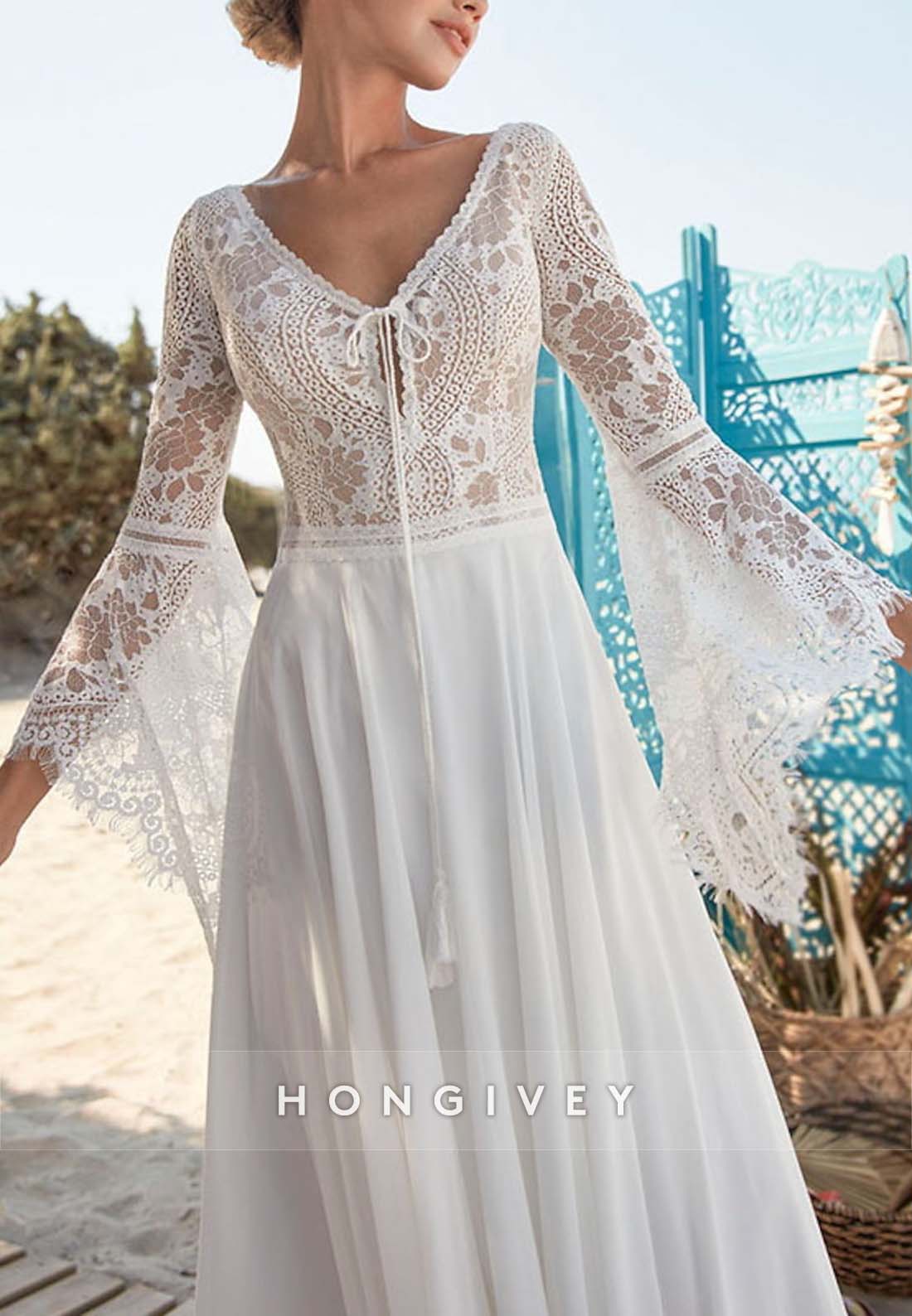 V Back Pleated Lace Sweep Train V Neck Flutter Sleeves Boho Wedding Dresses