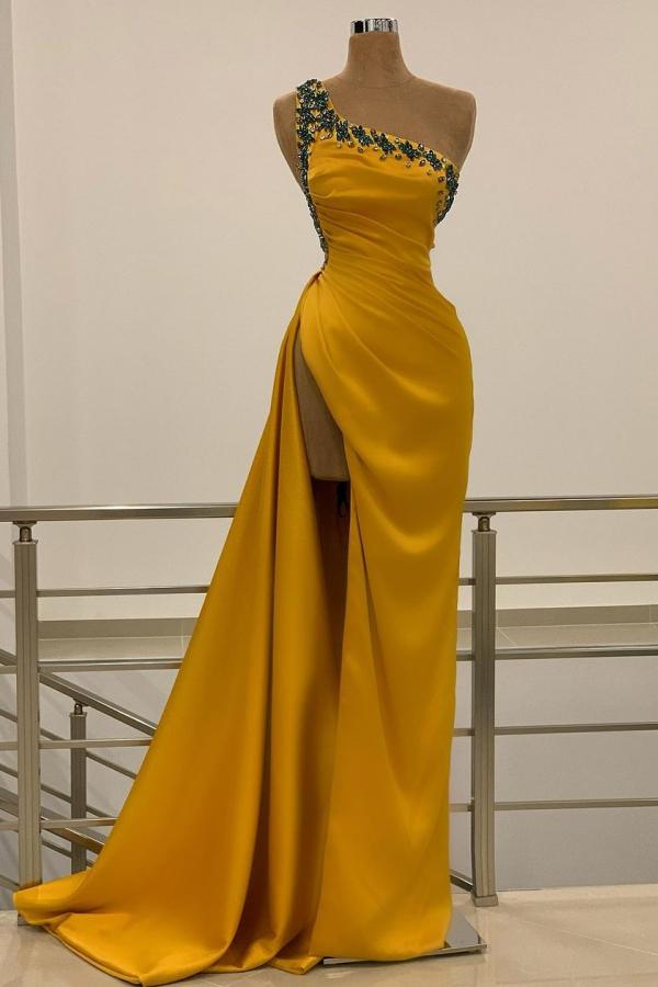 One Shoulder Long Prom Dress Split With Beads - Fashionpara