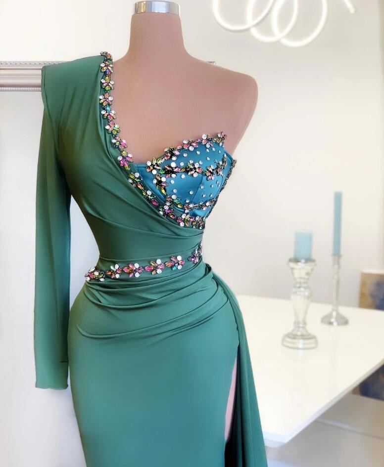 One Shoulder Long Sleeve Prom Dress Mermaid With Crystal - Fashionpara