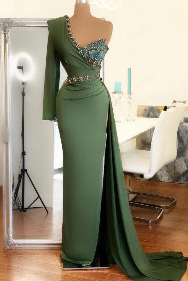 One Shoulder Long Sleeve Prom Dress Mermaid With Crystal - Fashionpara