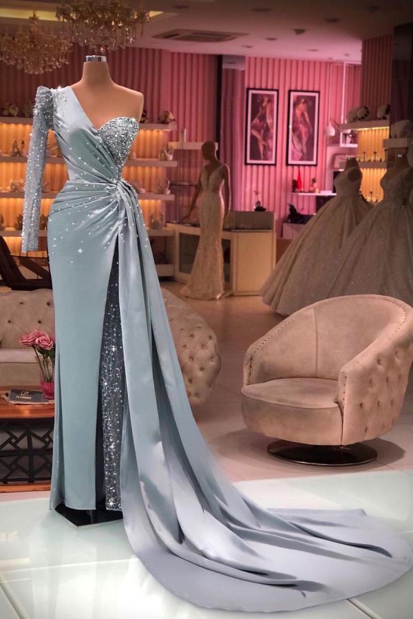 One Shoulder Long Sleeves Prom Dress Mermaid With Ruffles - Fashionpara