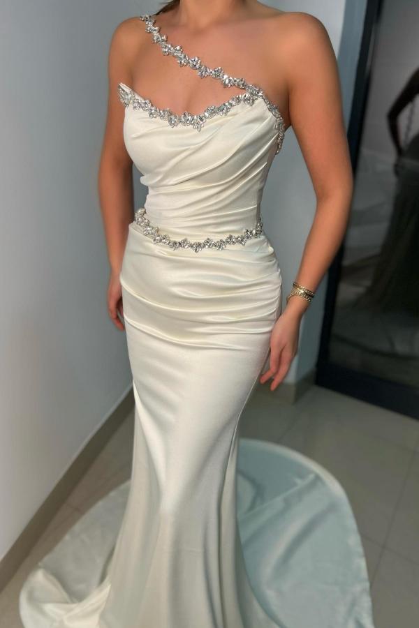 One Shoulder Mermaid Evening Dress Sleeveless With Crystal - Fashionpara