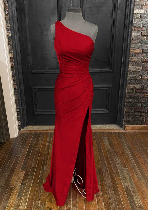 One-Shoulder Sleeveless Prom Dress/Evening Dress - Sheath/Column Jersey Long/Floor-Length with Pleated Split - Fashionpara
