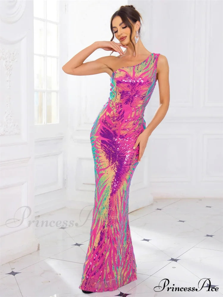 One-Shoulder Stretch Sequined Party Dress