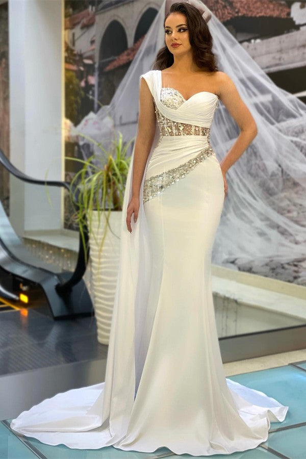 One Shoulder White Prom Dress Mermaid Long Ruffle With Beads - Fashionpara