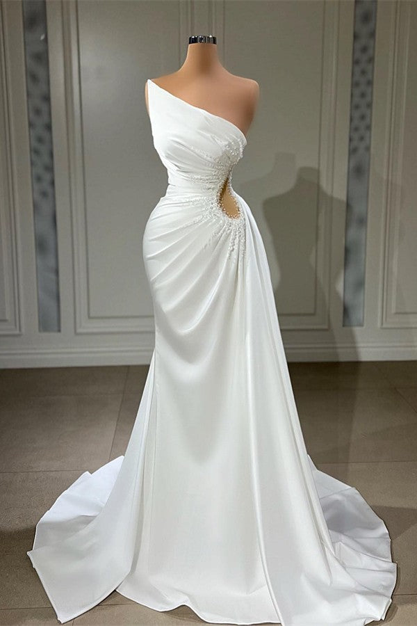 One Shoulder White Prom Dress Mermaid Sleeveless With Ruffle - Fashionpara