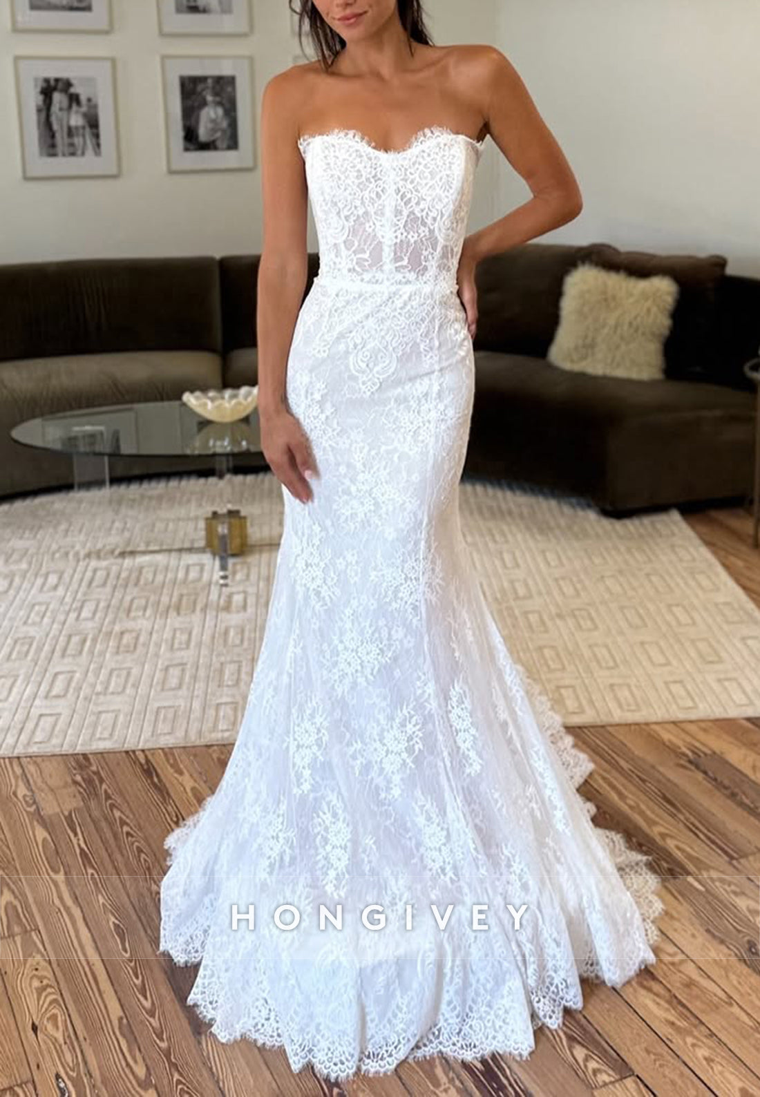 Sweetheart Floor-Length Strapless Sleeveless Lace Mermaid Wedding Dresses
