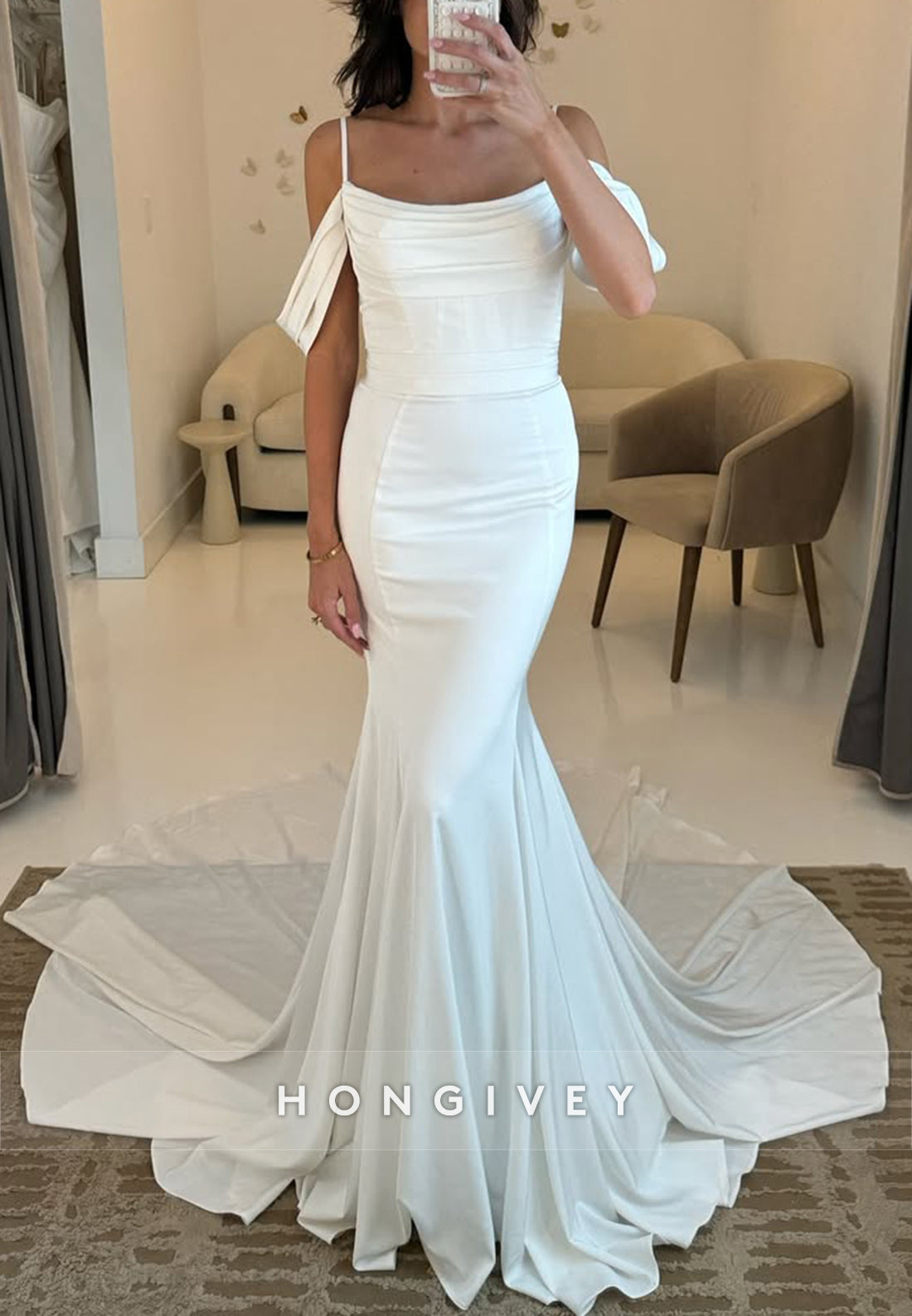 Spaghetti Straps Pleated Off-Shoulder Elastic Satin Court Train Mermaid Wedding Dresses