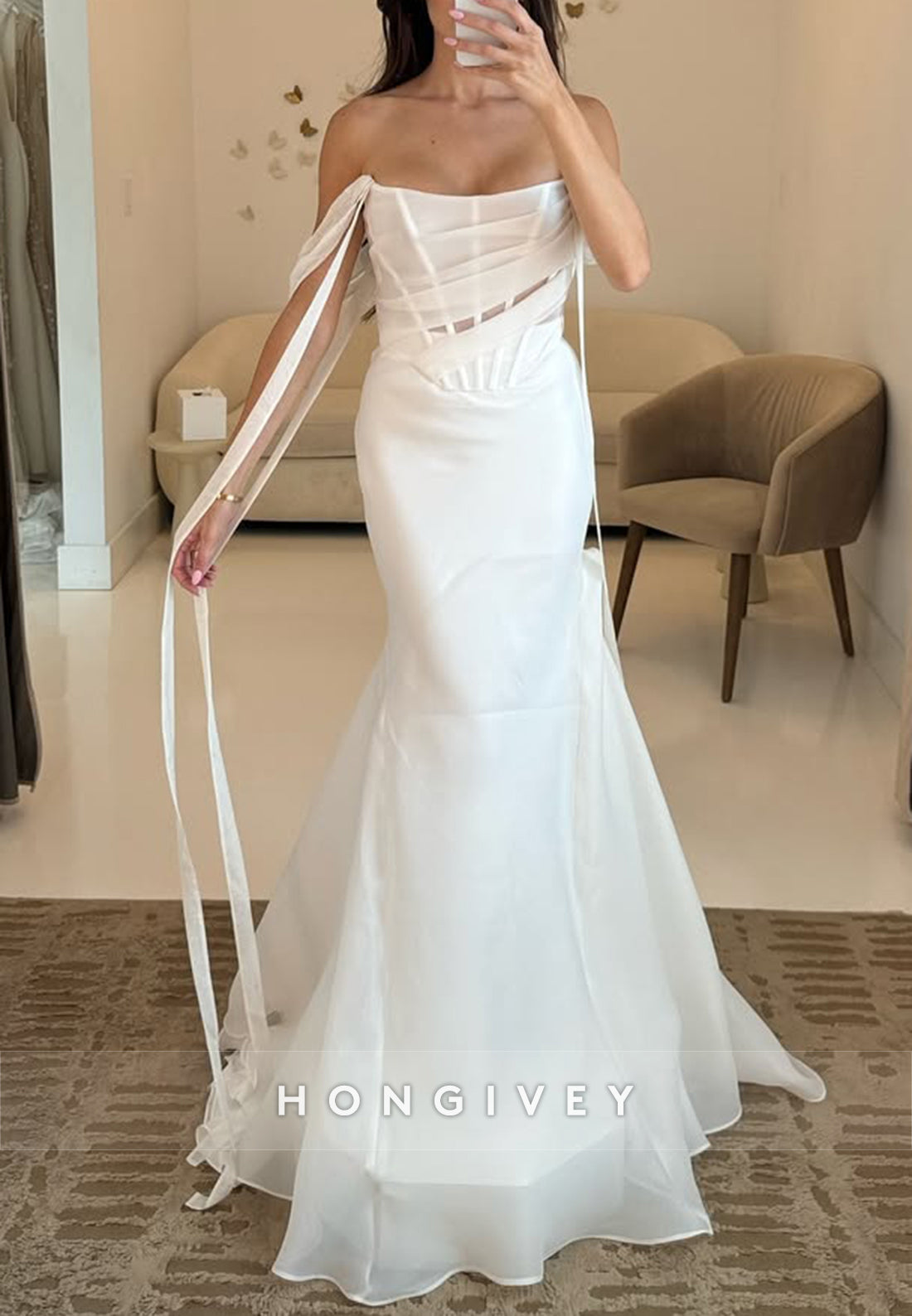 Sweep Train Off the Shoulder Sweep Train Pleated Trumpet Wedding Dresses